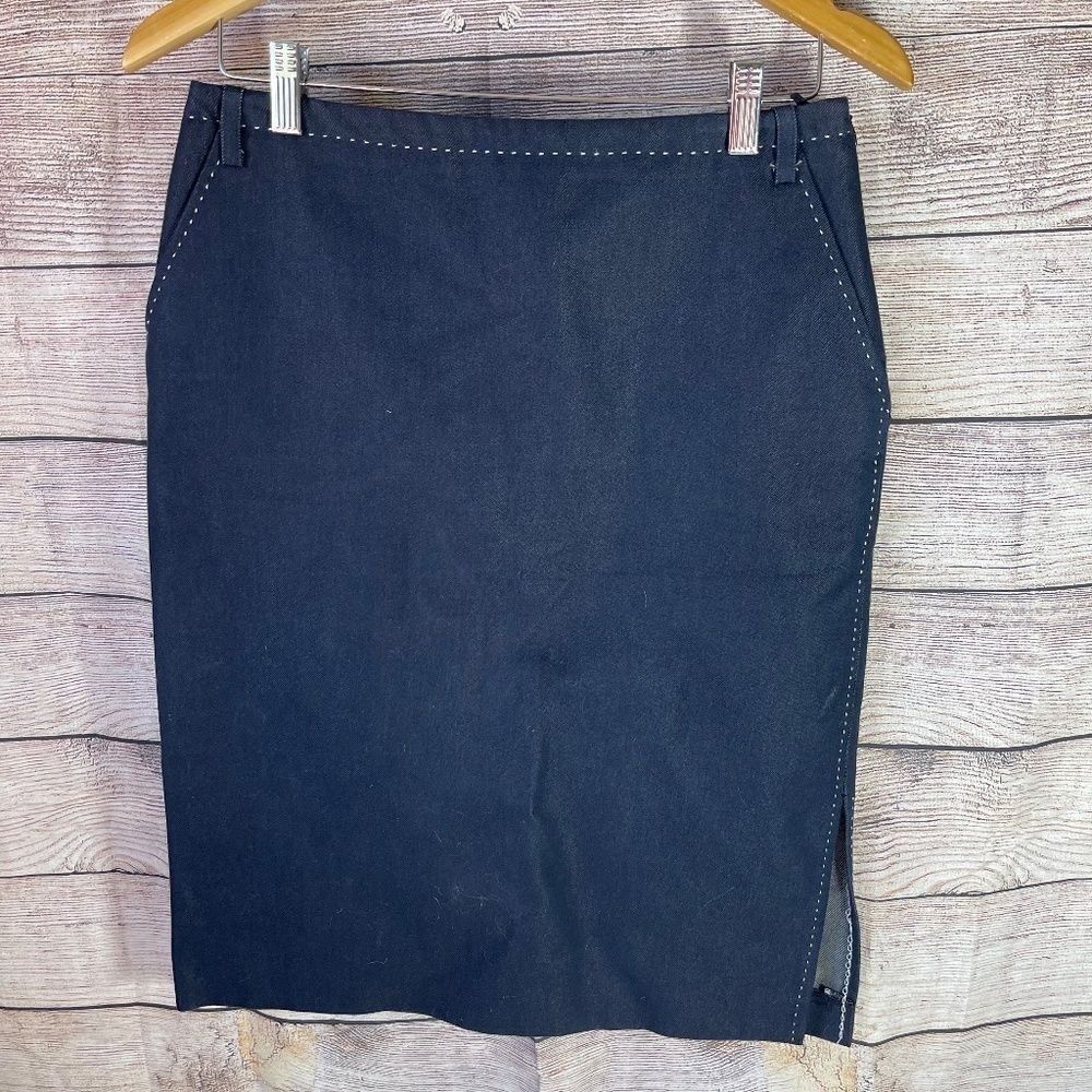 Max Mara Navy Cotton Topstitched Side Slit Skirt Sz 8